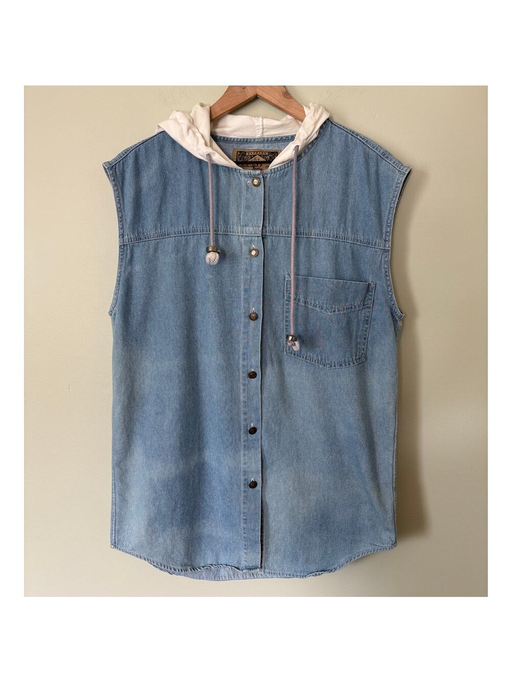 Vintage Express Denim Sleeveless Hooded Shirt Men's Utility Vest 90's Y2K
